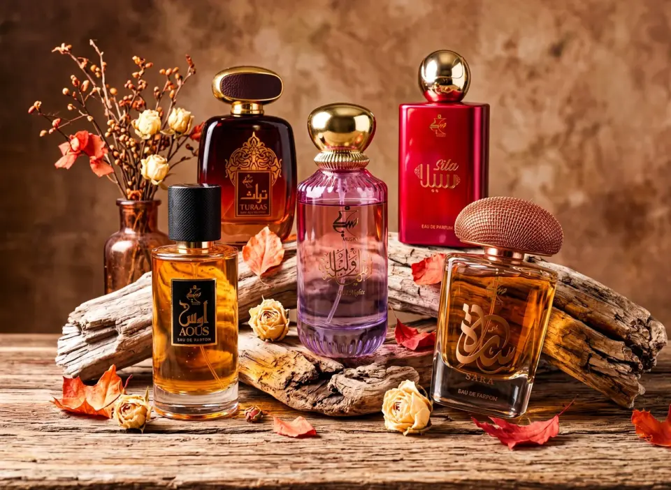 Damas Rose 50 ml perfume bottles arranged with dried flowers and wood