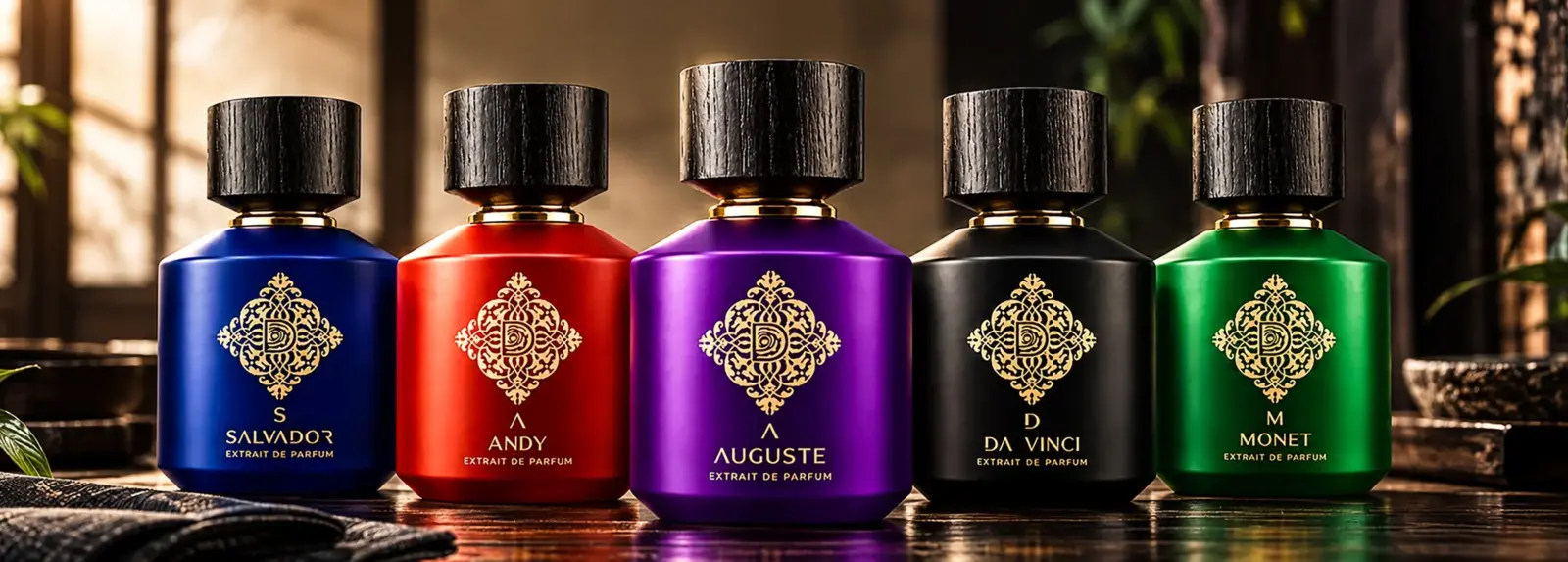 The Artists Collection extrait de parfum bottles - Salvador, Andy, Auguste, Da Vinci and Monet