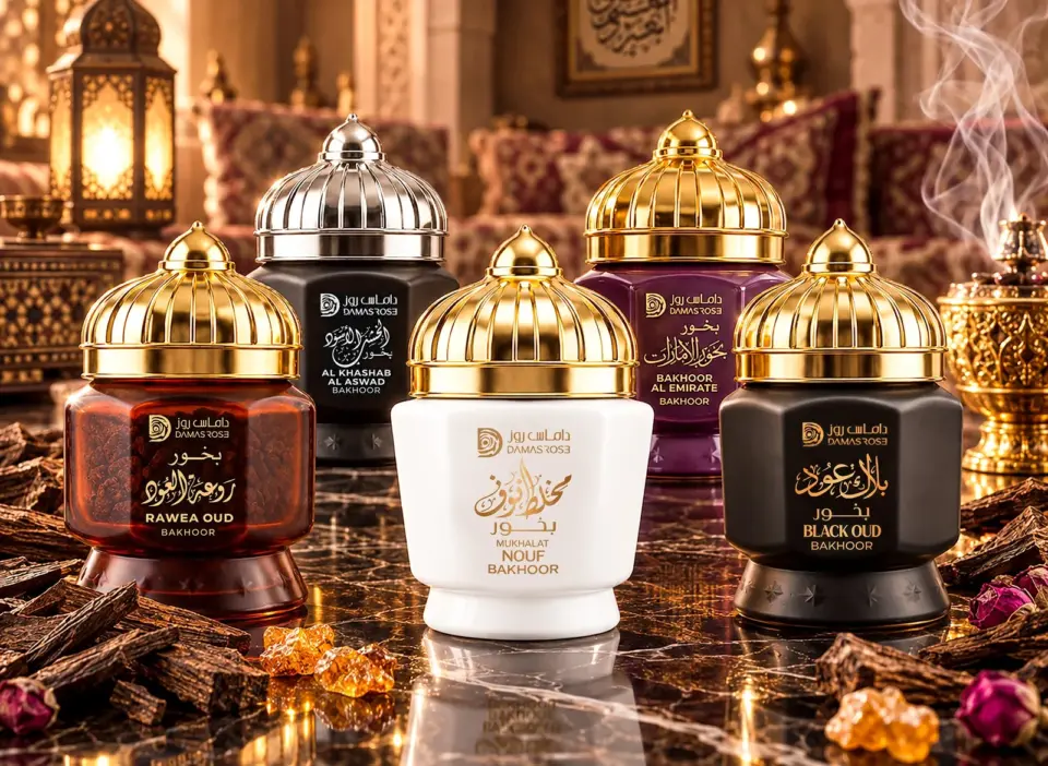 Damas Rose bakhoor jars with an incense burner and oud wood