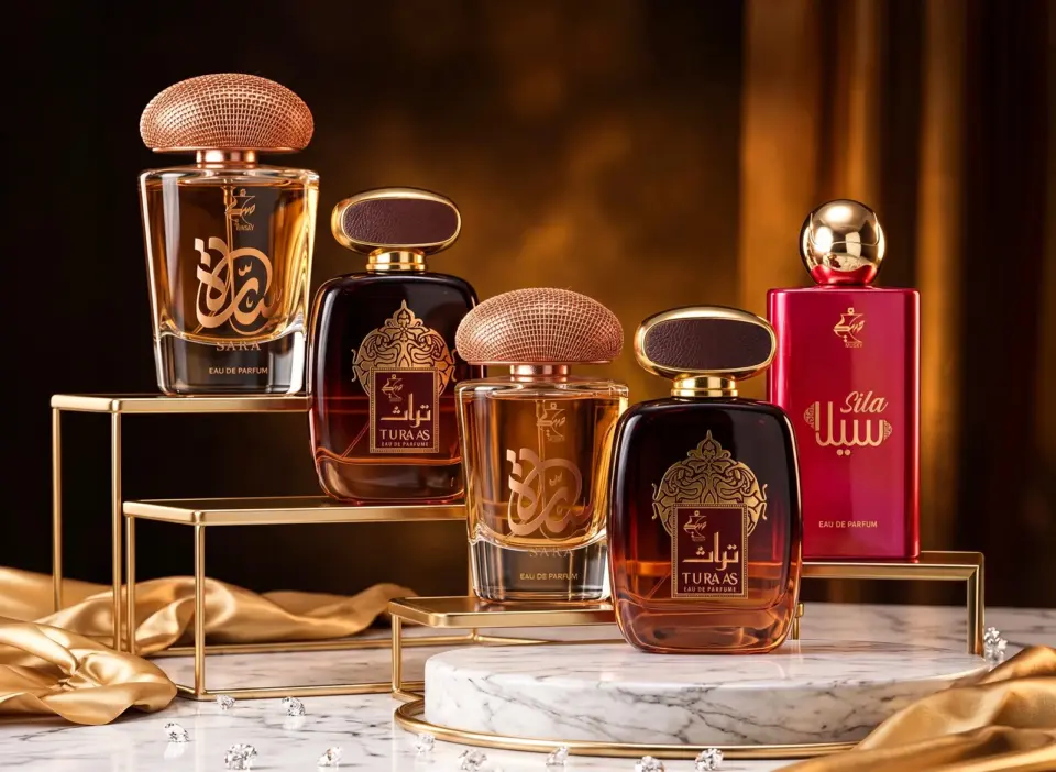 Concentrated Damas Rose perfume bottles displayed on marble plinths