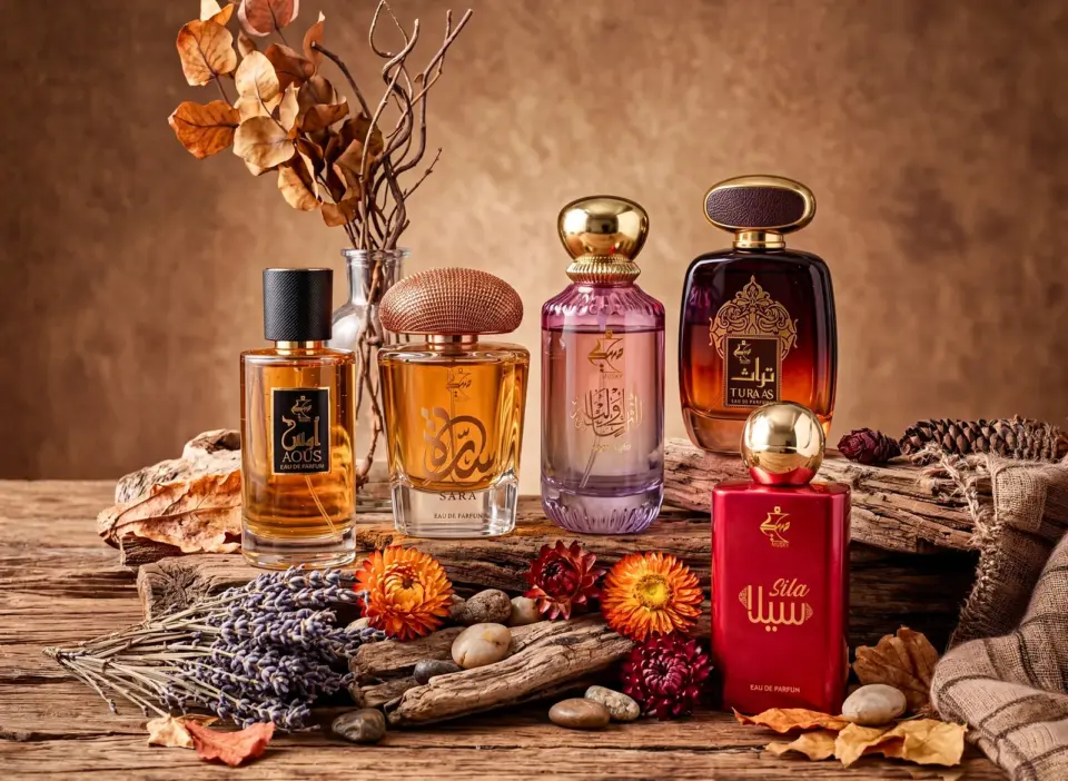 Musky perfume bottles by Damas Rose set among dried botanicals