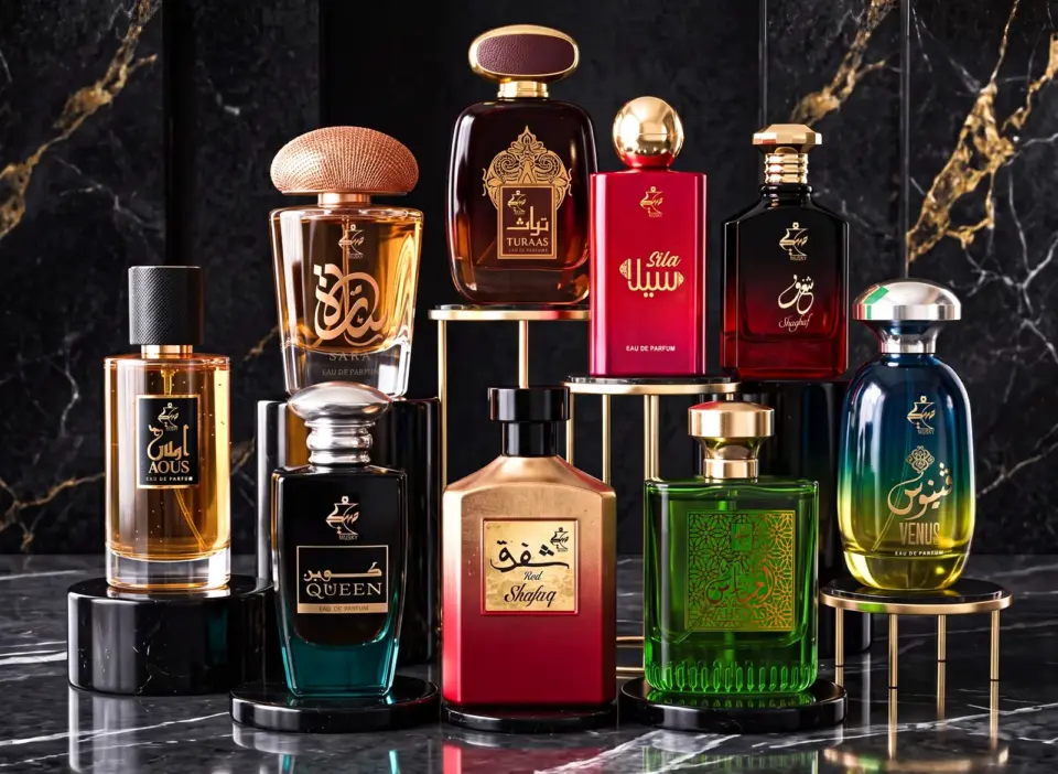 A lineup of Damas Rose eau de parfum bottles on dark marble