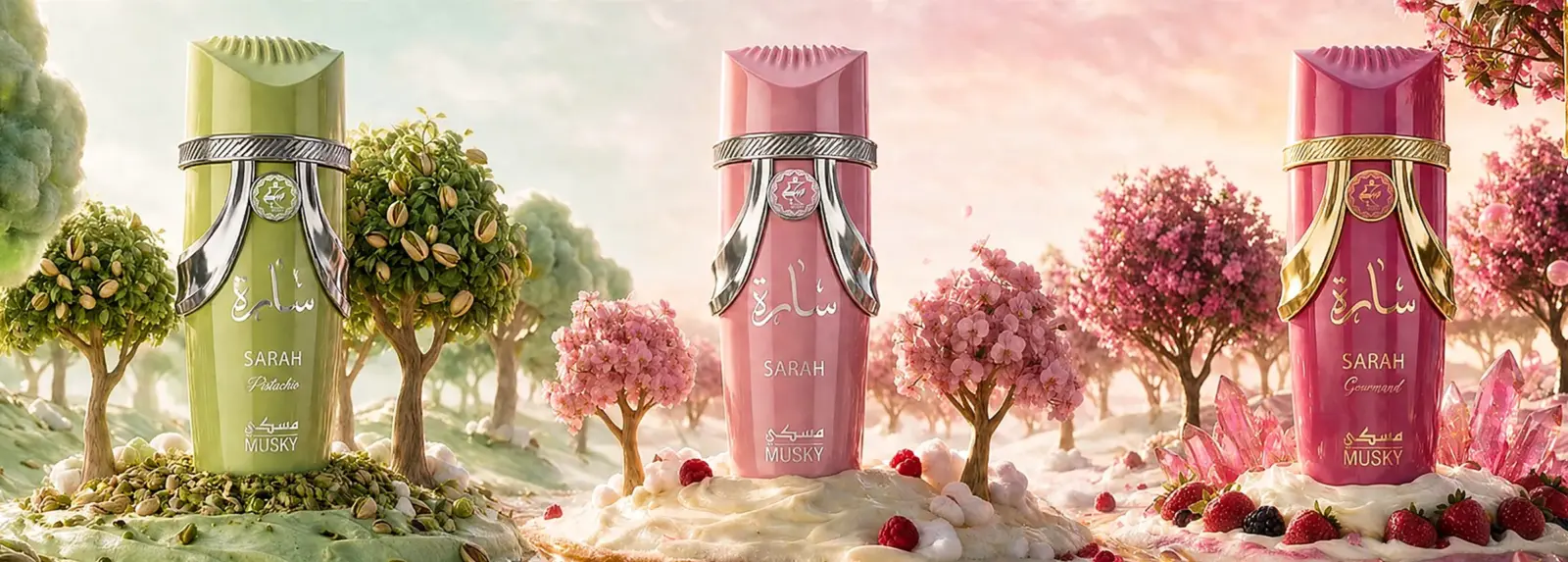 Sarah Collection body mists by Musky in pistachio, rose and gourmand